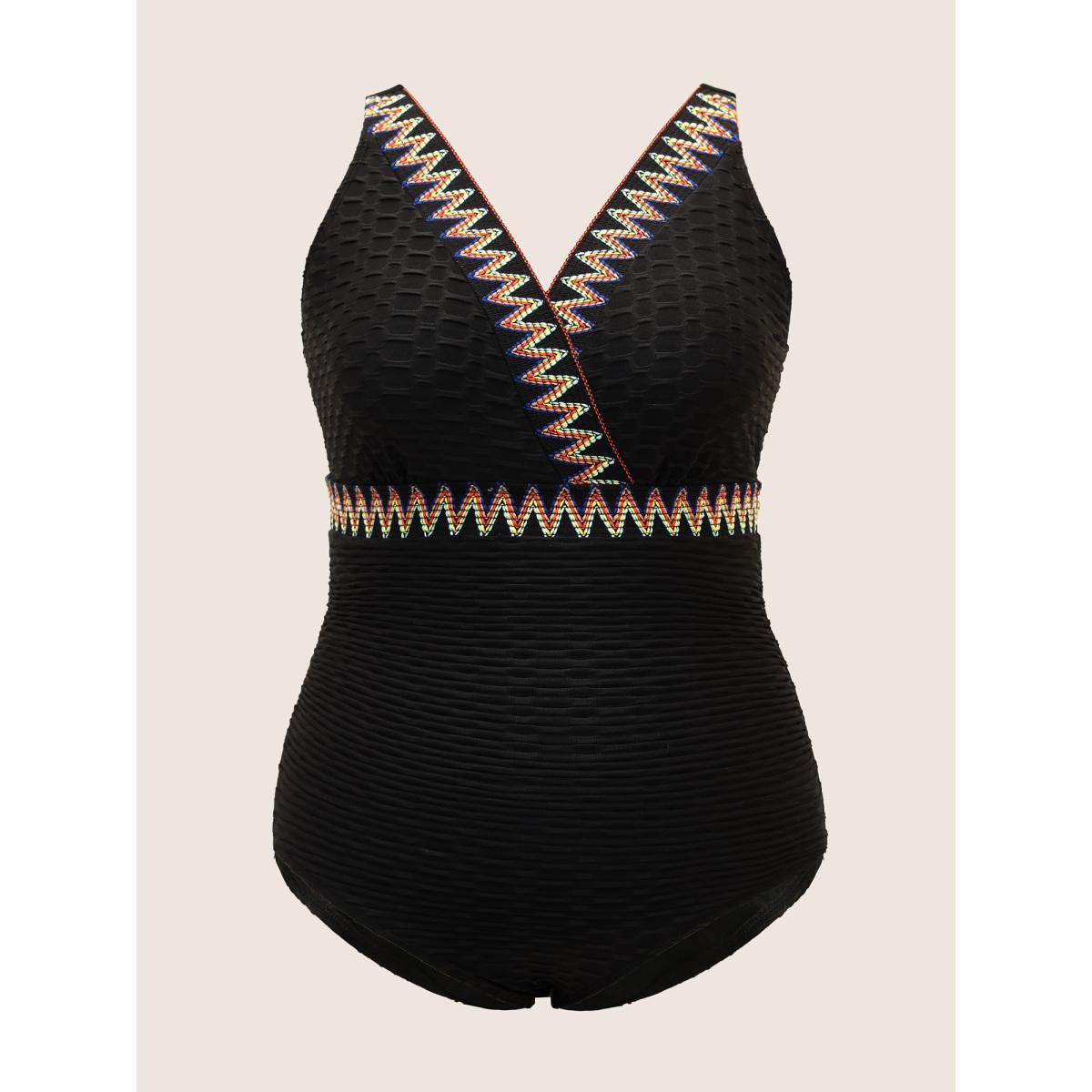 Plus Size Contrast Webbing Wrap One Piece Swimsuit Women's Swimwear Black Beach Woven ribbon&lace trim Curve Bathing Suits High stretch One Pieces BloomChic 26/4X Product Image