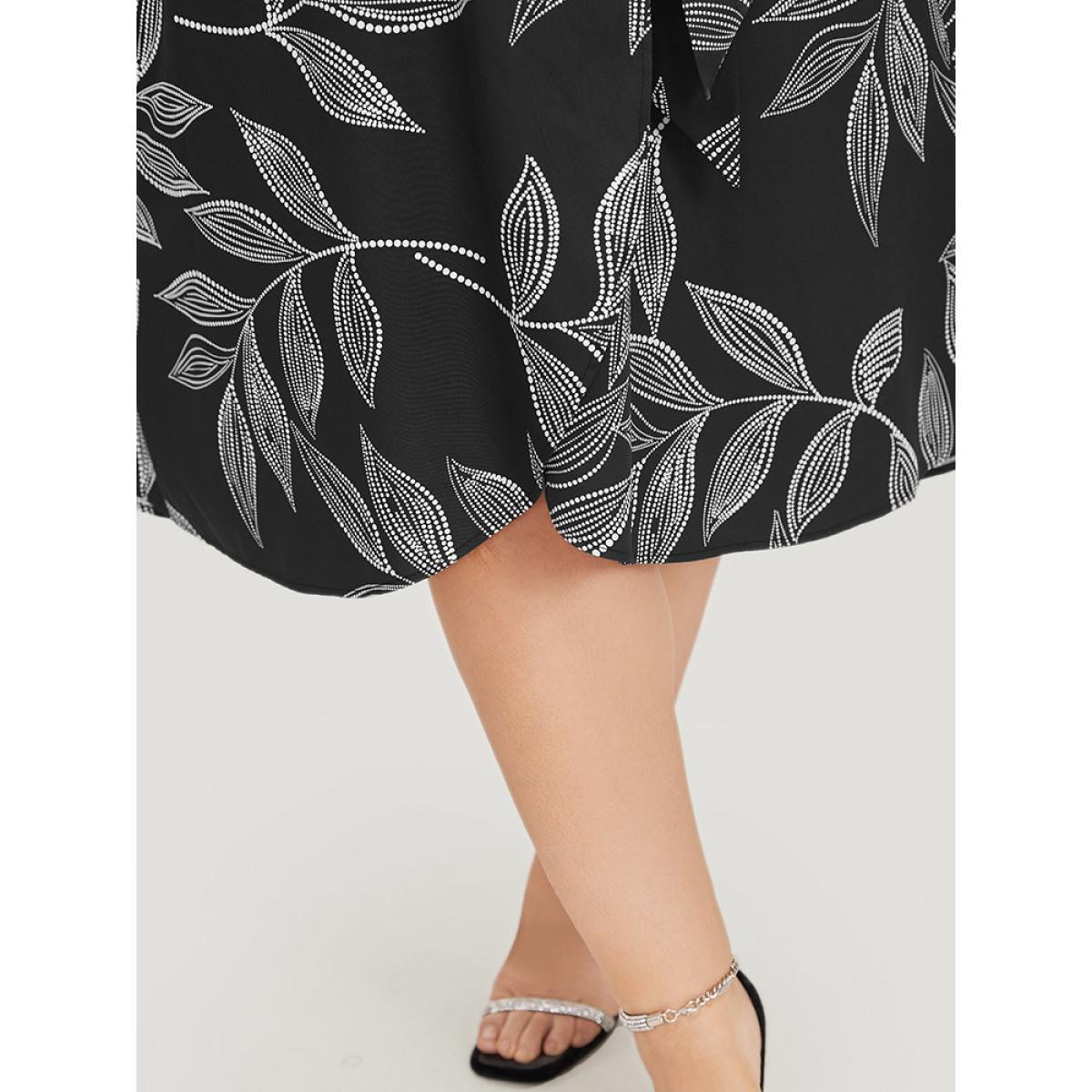 Plus Size Plants Print Overlap Collar Belted Tank Dress Black Women Office Wrap V-neck Sleeveless Curvy Knee Dress BloomChic 10/M Product Image