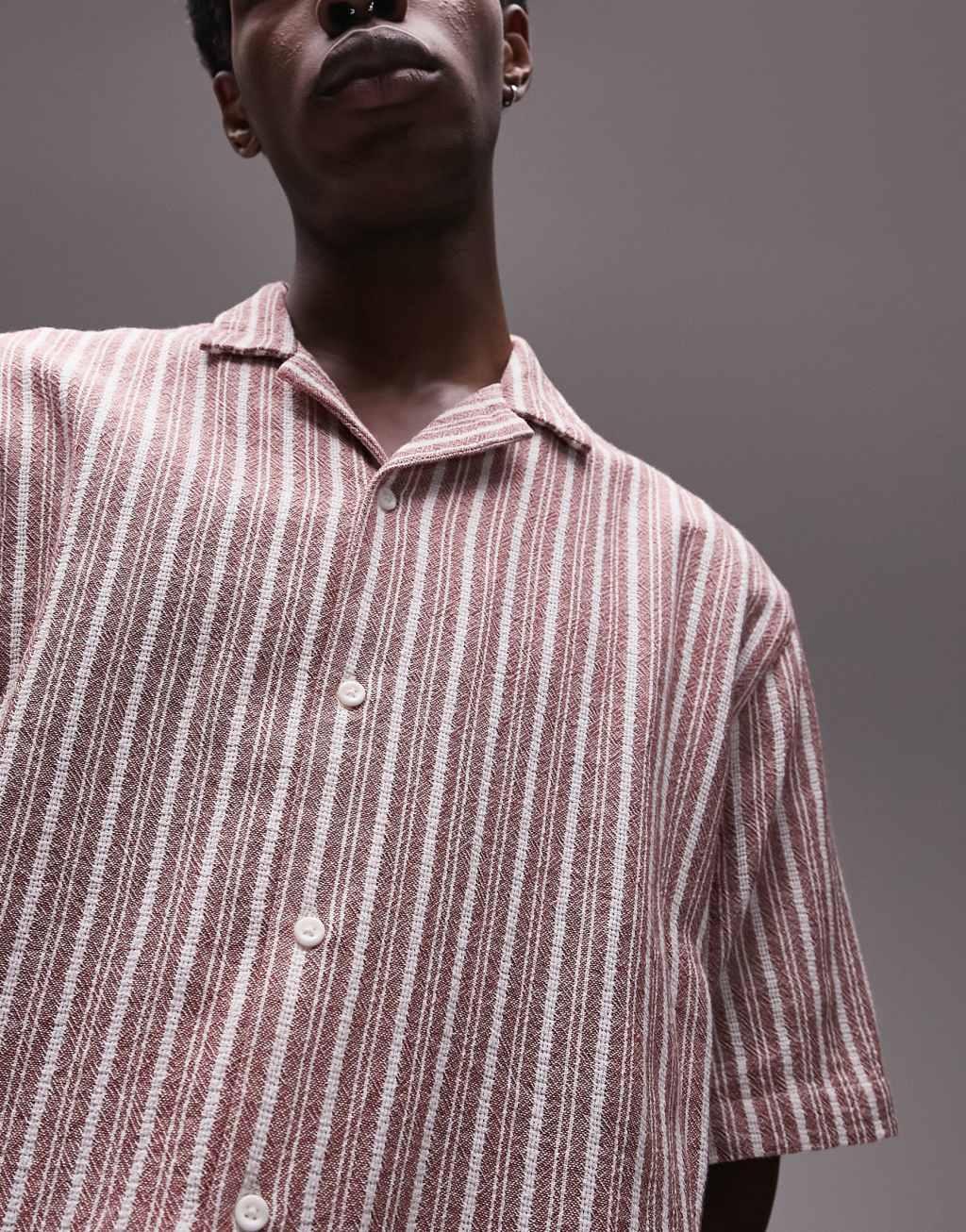 Topman short sleeve relaxed revere textured stripe shirt in red Product Image
