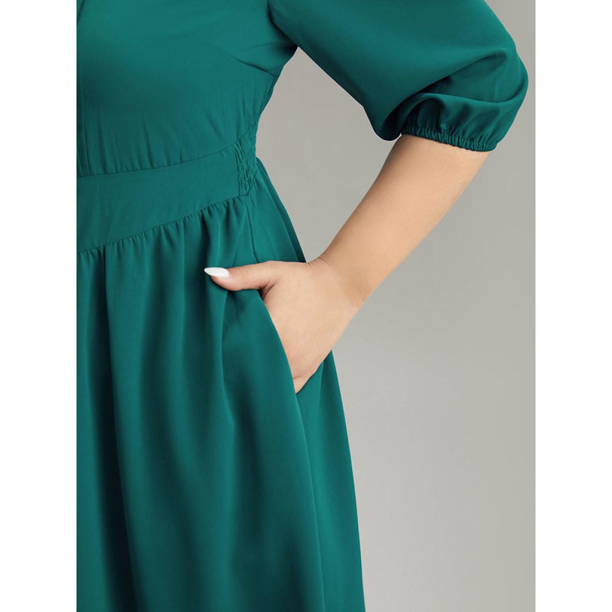 Plus Size Anti-Wrinkle Square Neck Pleated Gathered Dress Aegean Women Vacation Elastic cuffs Square Neck Elbow-length sleeve Curvy Midi Dress BloomChic 26/4X Product Image