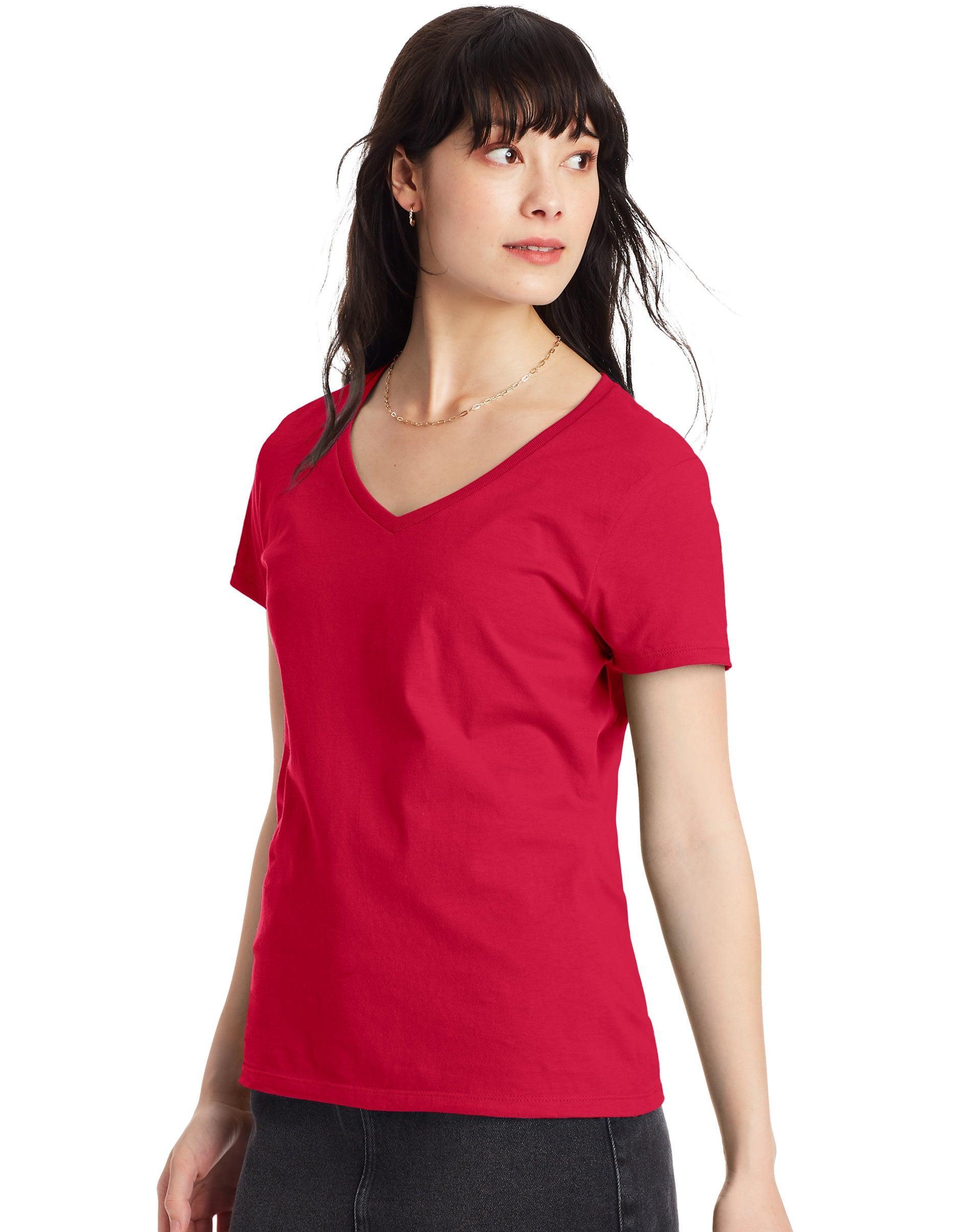Hanes Perfect-T Womens V-Neck Cotton T-Shirt Light Blue XL Product Image