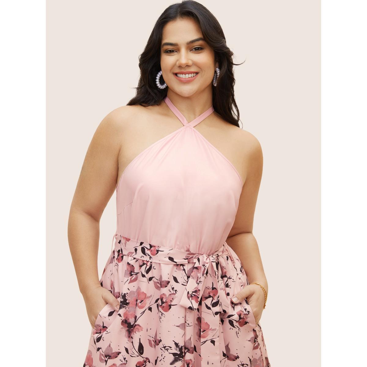 Plus Size Halter Neck Floral Patchwork Midi Dress Nudepink Women Elegant Belted Halter neck Sleeveless Curvy BloomChic 26/4X Product Image