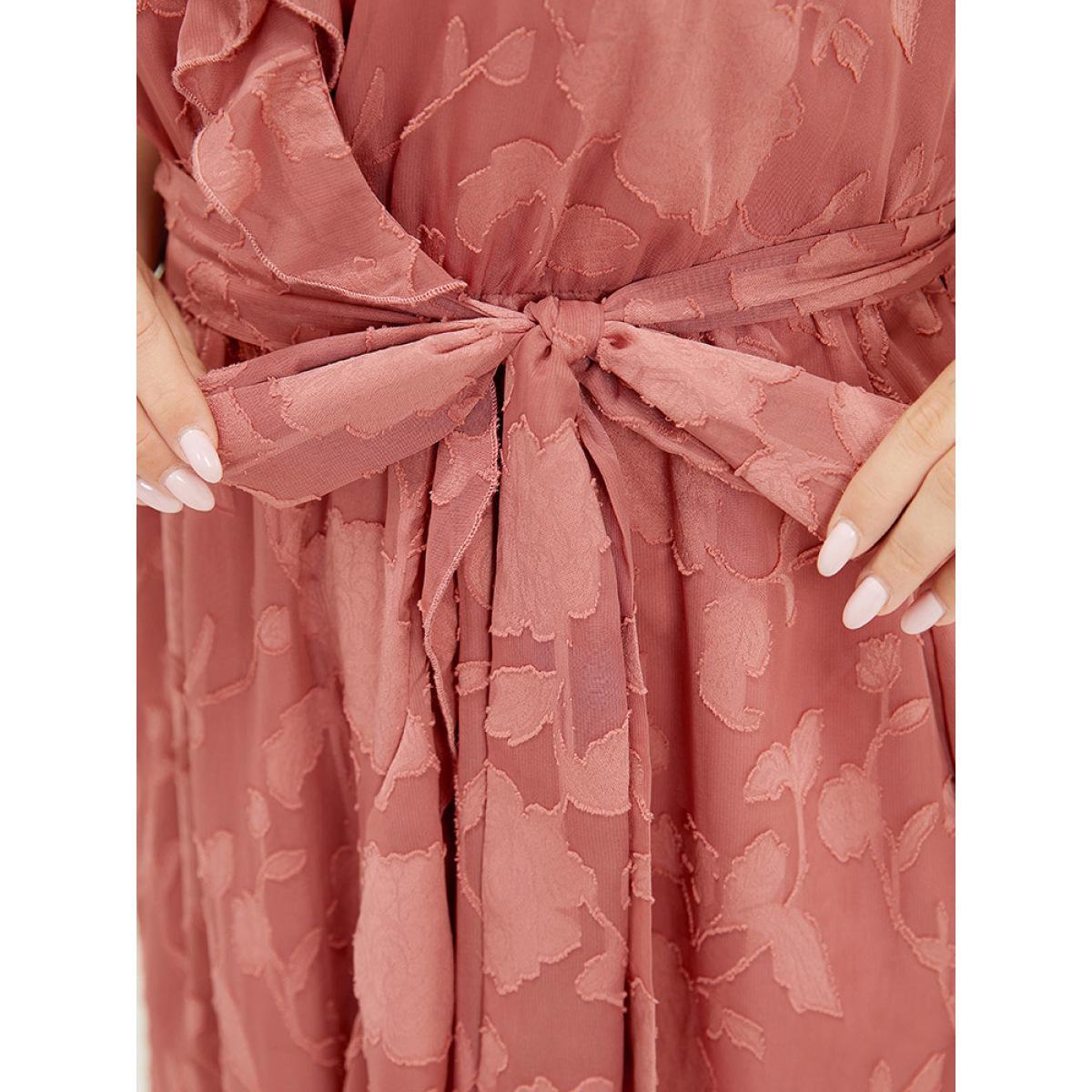 Plus Size Floral Print Ruffle Trim Wrap Belted Asymmetrical Tank Dress DustyPink Women Glamour Lined V-neck Sleeveless Curvy Midi Dress BloomChic 26/4X Product Image