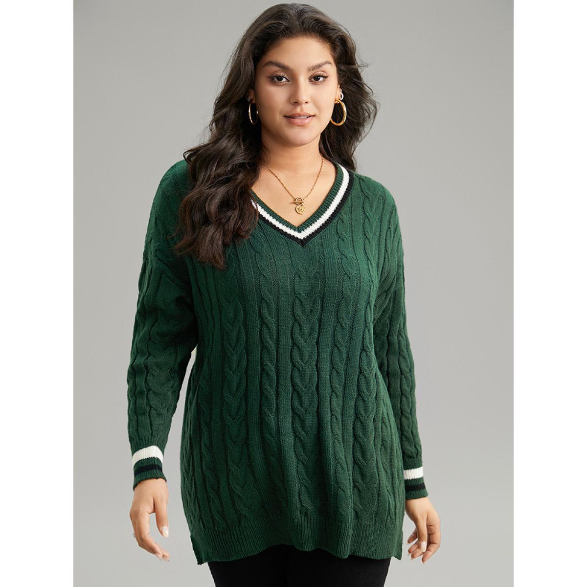 Plus Size Cable Knit Contrast Trim Drop Shoulder Pullover DarkGreen Women Casual Loose Long Sleeve V-neck Dailywear Pullovers BloomChic 18-20/2X Product Image