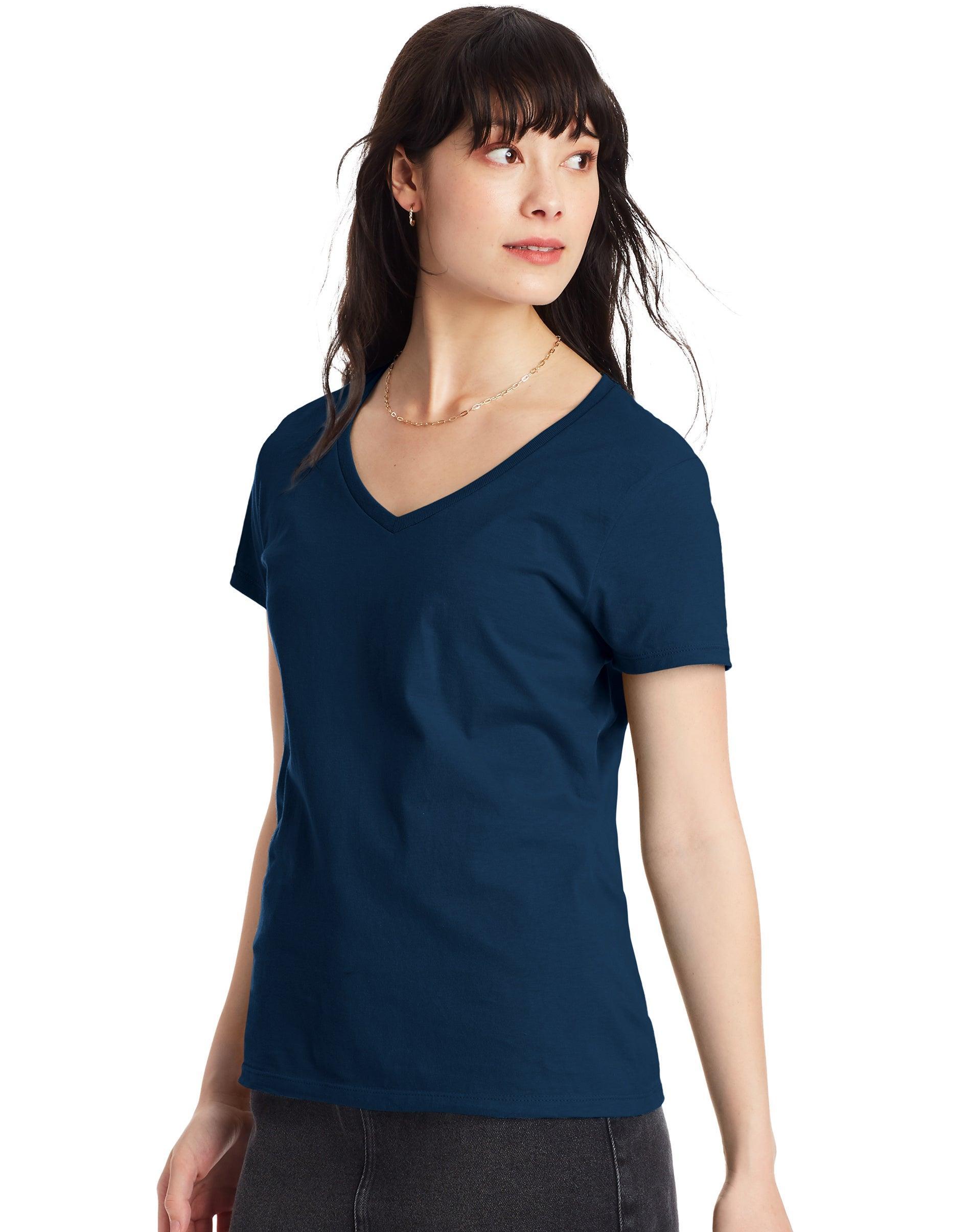 Hanes Perfect-T Womens V-Neck Cotton T-Shirt Light Blue XL Product Image