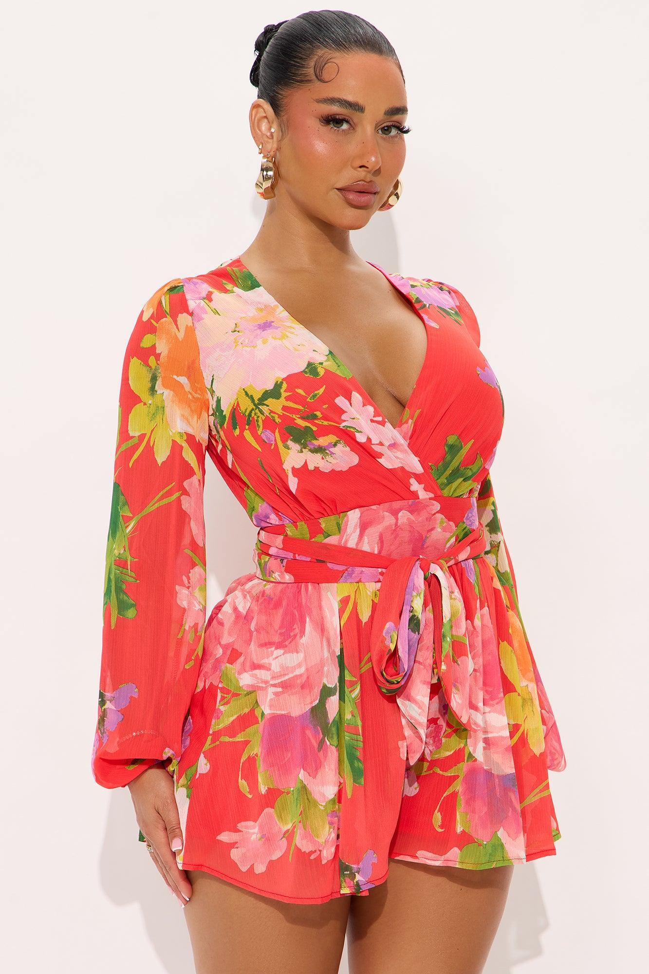 Camilla Long Sleeve Chiffon Romper - Red/combo Product Image