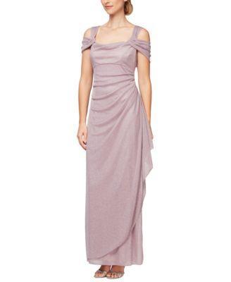 Alex Evenings Glitter Mesh Cowl Neck Cold Shoulder Cap Sleeve Side Slit Ruched Gown Product Image
