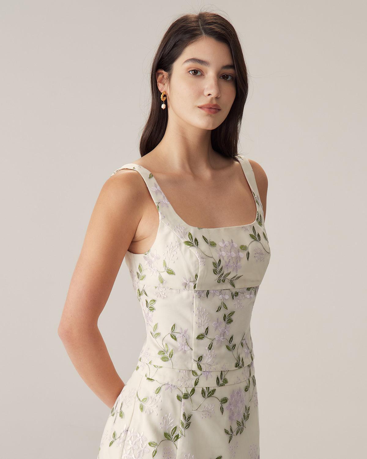 Beige Floral Slim Tank Top Product Image