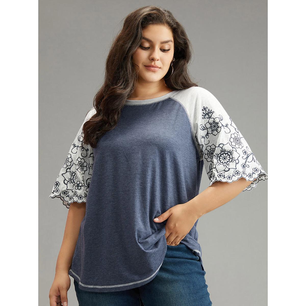 Plus Size Contrast Embroidered Scalloped Trim T-shirt Indigo Women Elegant Contrast Silhouette Floral Print Round Neck Dailywear T-shirts BloomChic 18-20/2X Product Image