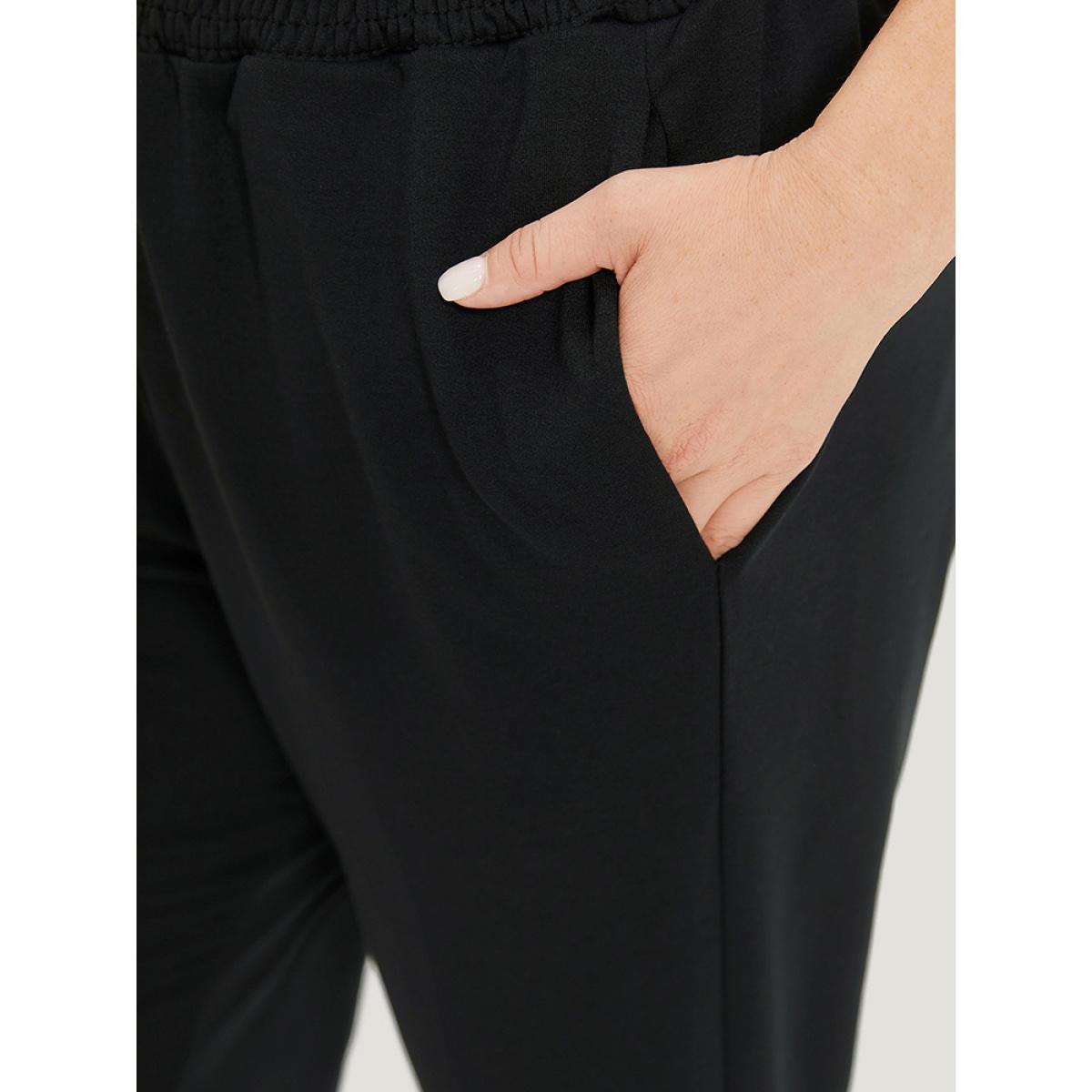 Solid Pocket Bowknot Shirred Sweatpants Black Plus Size Women Casual Dailywear Drawstring 14-16/1X Bloomchic Product Image