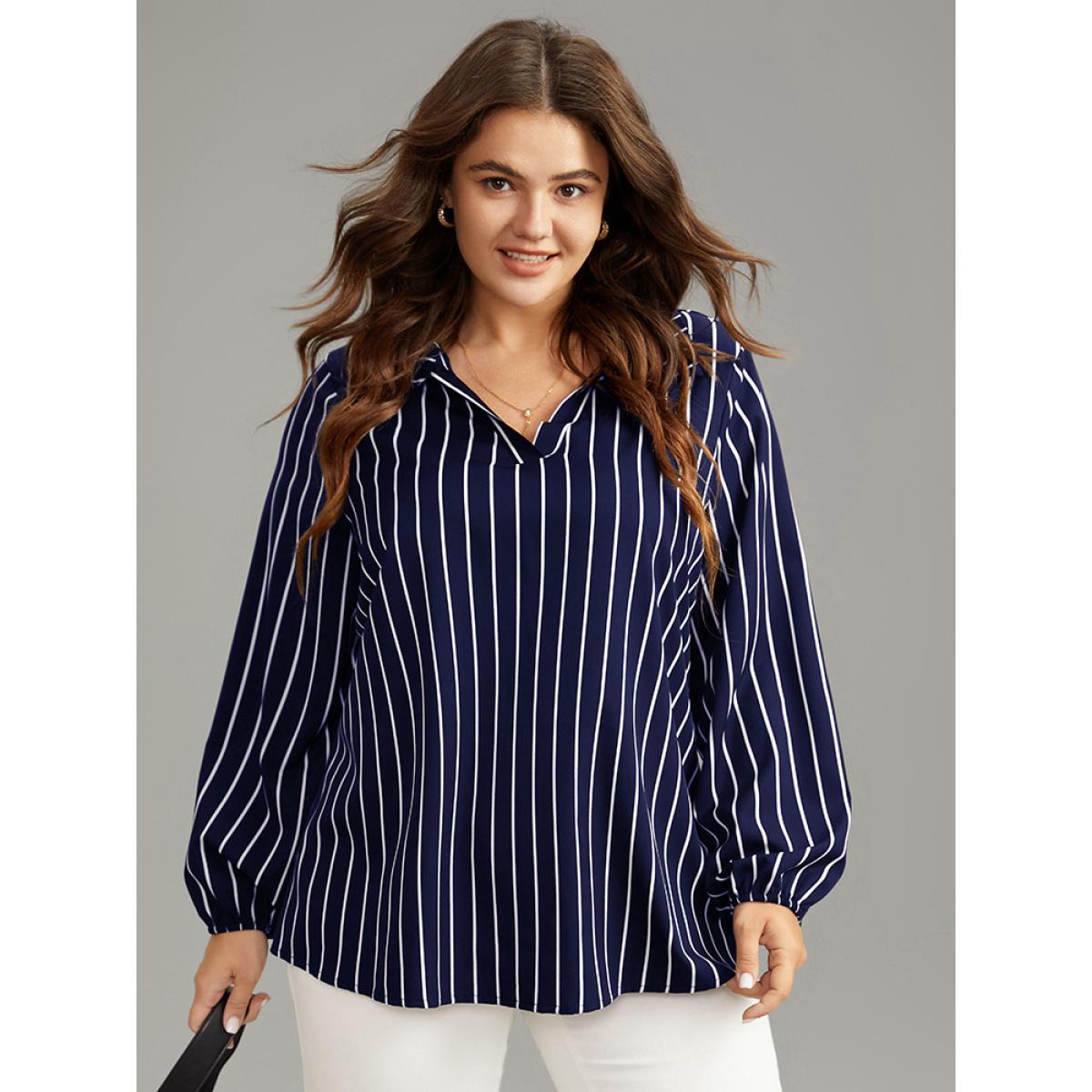 Plus Size Indigo Striped Shirt Collar Lantern Sleeve Blouse Women Office Long Sleeve Shirt collar Work Blouses BloomChic 12/L Product Image