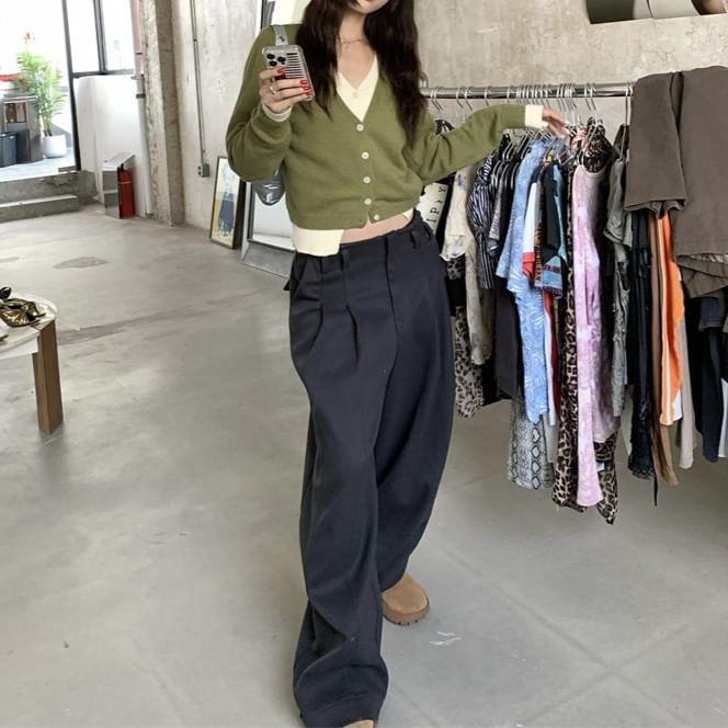 Mock Two-Piece Long-Sleeve V-Neck Two Tone Button Crop Knit Top Product Image