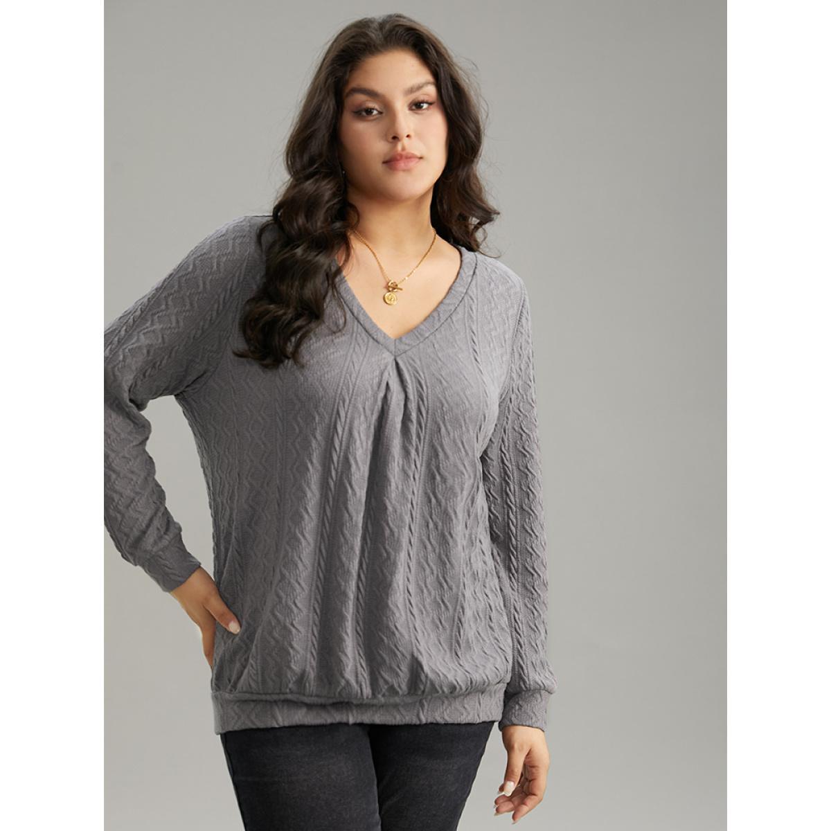 Plus Size Plain Geometric Textured Plicated Detail Sweatshirt Women Gray Casual Texture V-neck Dailywear Sweatshirts BloomChic 10/M Product Image