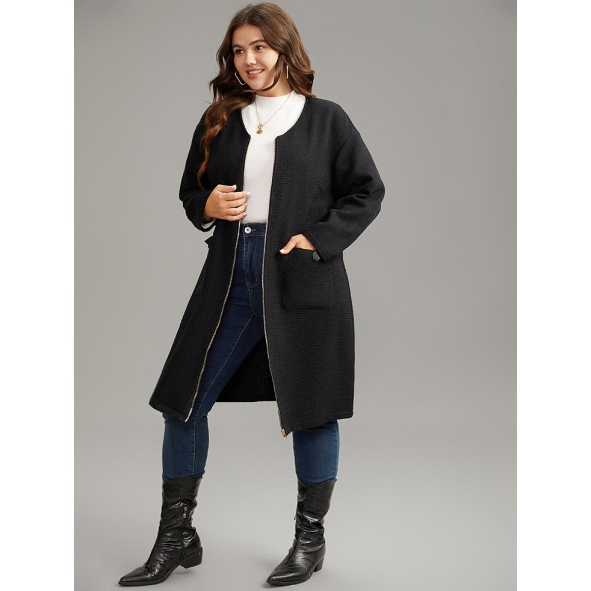 Plus Size Solid Tweed Pocket Metai Detail Zipper Coat Women Black Casual Plain Ladies Dailywear Winter Coats BloomChic 12/L Product Image