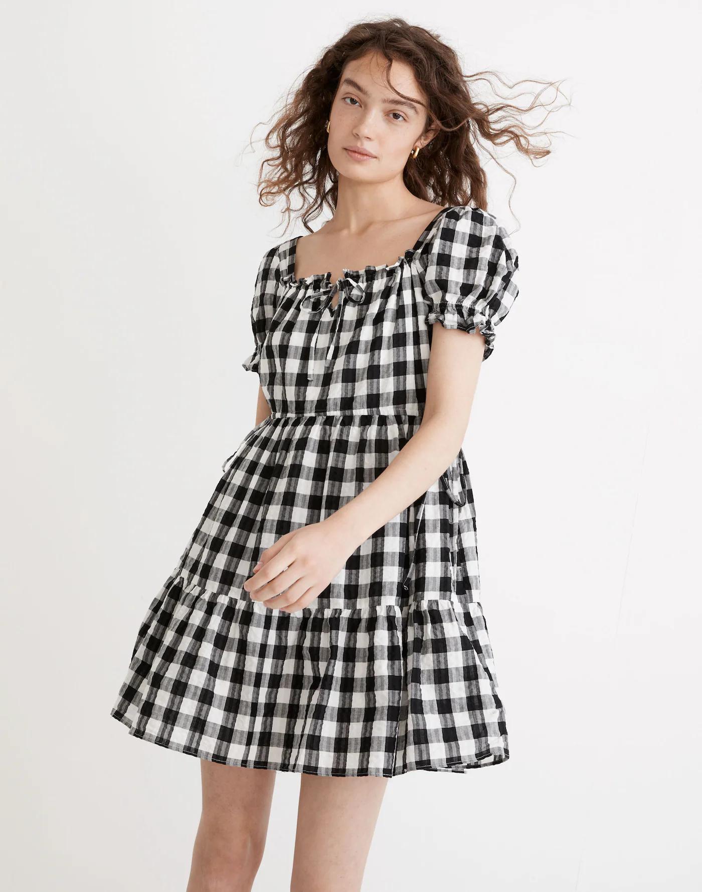 Square-Neck Tiered Mini Dress in Gingham Seersucker Product Image