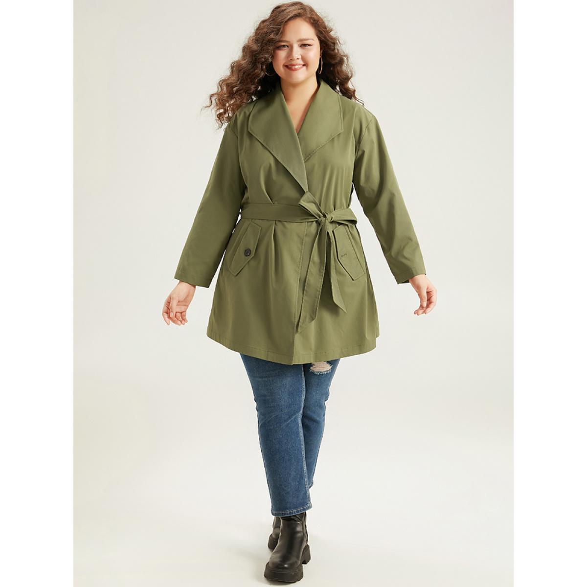 Plus Size Lapel Collar Belted Slant Pocket Coat Women Sage Casual Plain Ladies Everyday Winter Coats BloomChic 10/M Product Image
