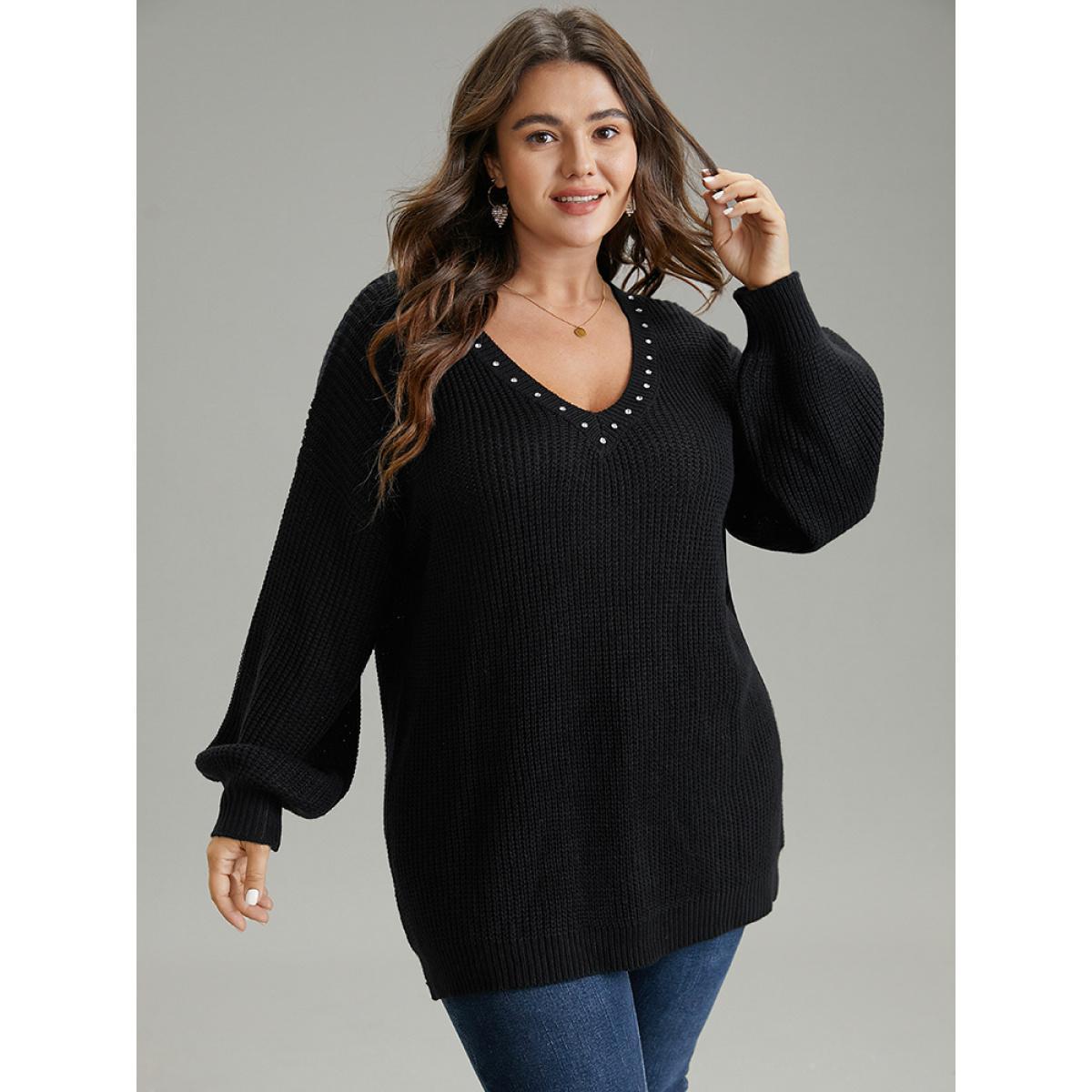 Plus Size Rhinestone V Neck Drop Shoulder Pullover Black Women Casual Loose Long Sleeve V-neck Dailywear Pullovers BloomChic 10/M Product Image