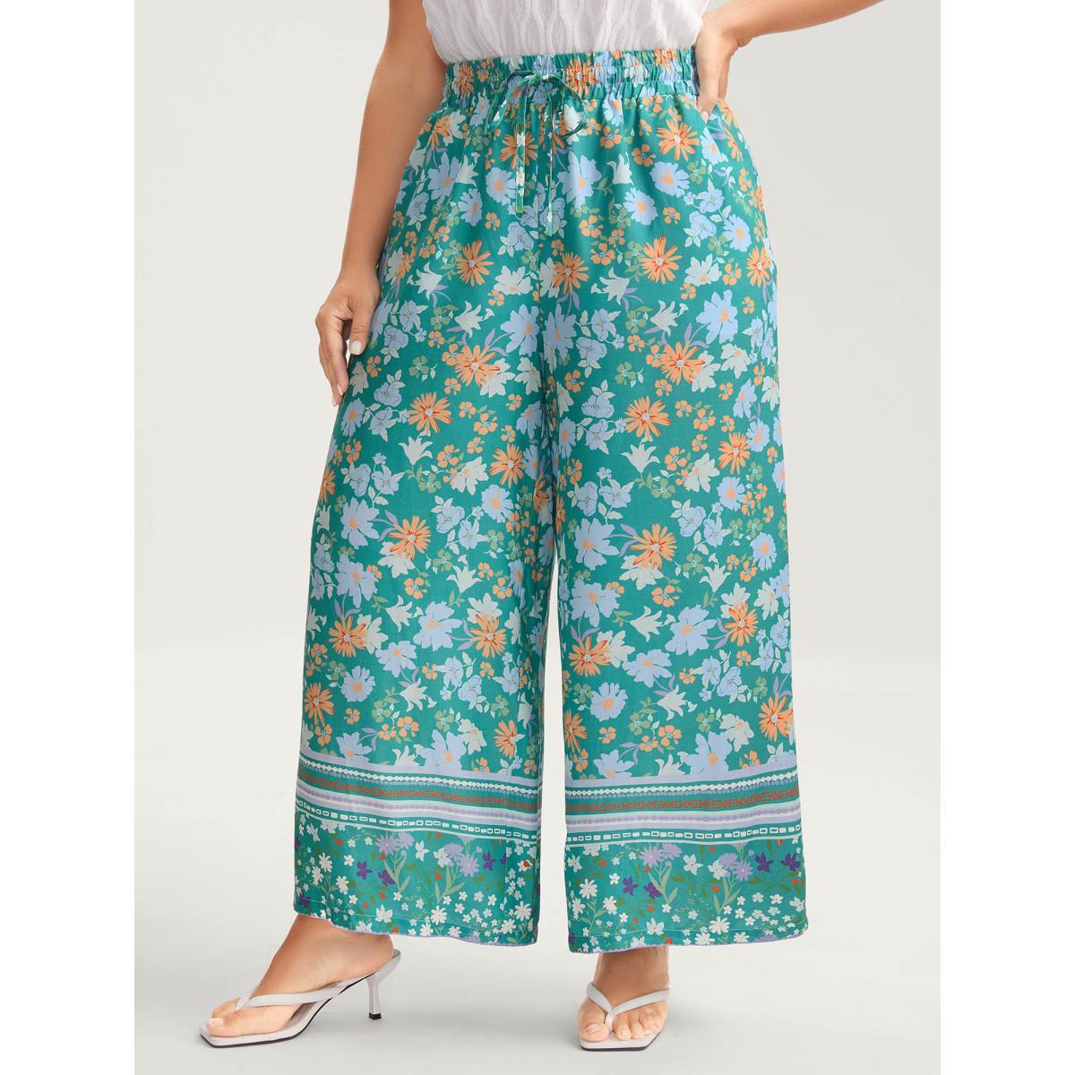 Plus Size Breezy Floral Print Wide-Leg Pants Women Turquoise Elegant Wide Leg Mid Rise Everyday-Elegant Pants BloomChic 30/6X Product Image