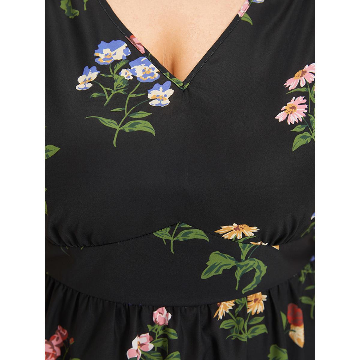 Plus Size Black Floral Print Knot Gathered Elastic Waist Blouse Women Elegant Short sleeve V-neck Dailywear Blouses BloomChic 10/M Product Image