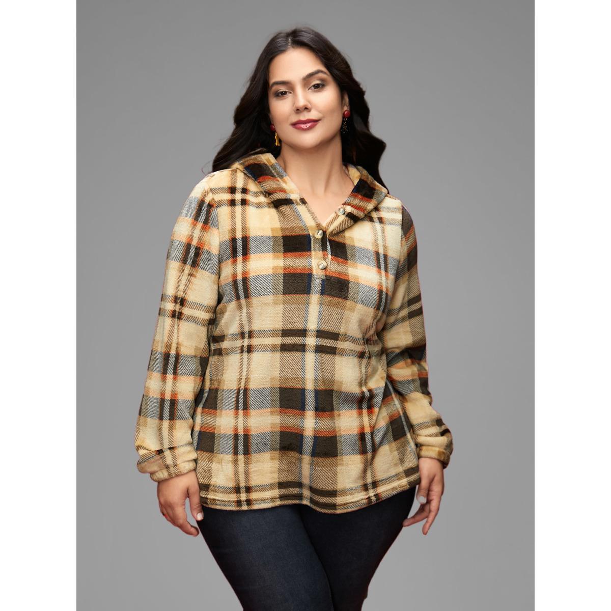 Plus Size Fuzzy Pullover Plaid Hoodie Women Multicolor Casual Button Loose Hooded Everyday Sweatshirts BloomChic 14-16/1X Product Image