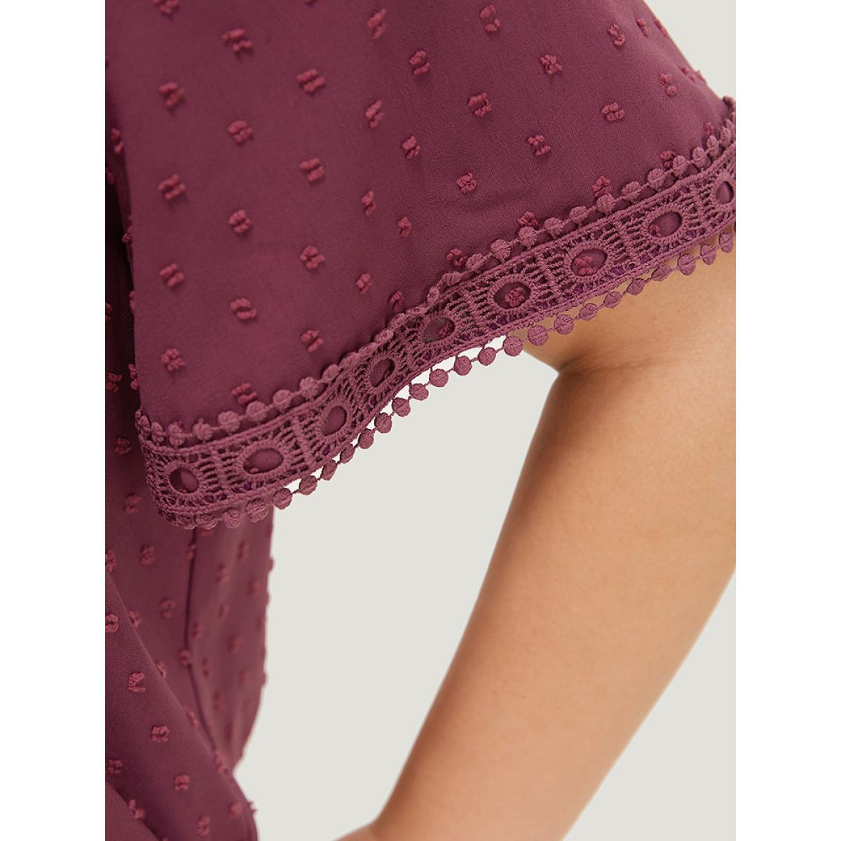 Plus Size RedViolet Polka Dot Gathered Lace Blouse Women Elegant Short sleeve Round Neck Dailywear Blouses BloomChic 12/L Product Image