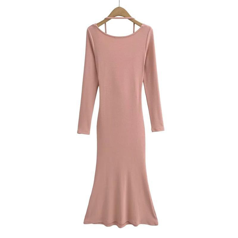 Mock Two-Piece Long-Sleeve Halter Cowl Neck Plain Midi Sheath Dress Product Image
