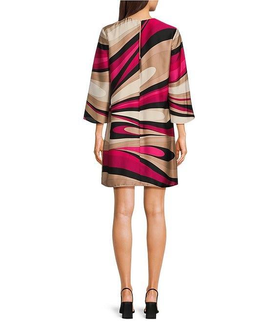 Trina Turk Nallia Satin Georgette Wynwood Wave Print Round Neck 3/4 Flare Sleeve Dress Product Image