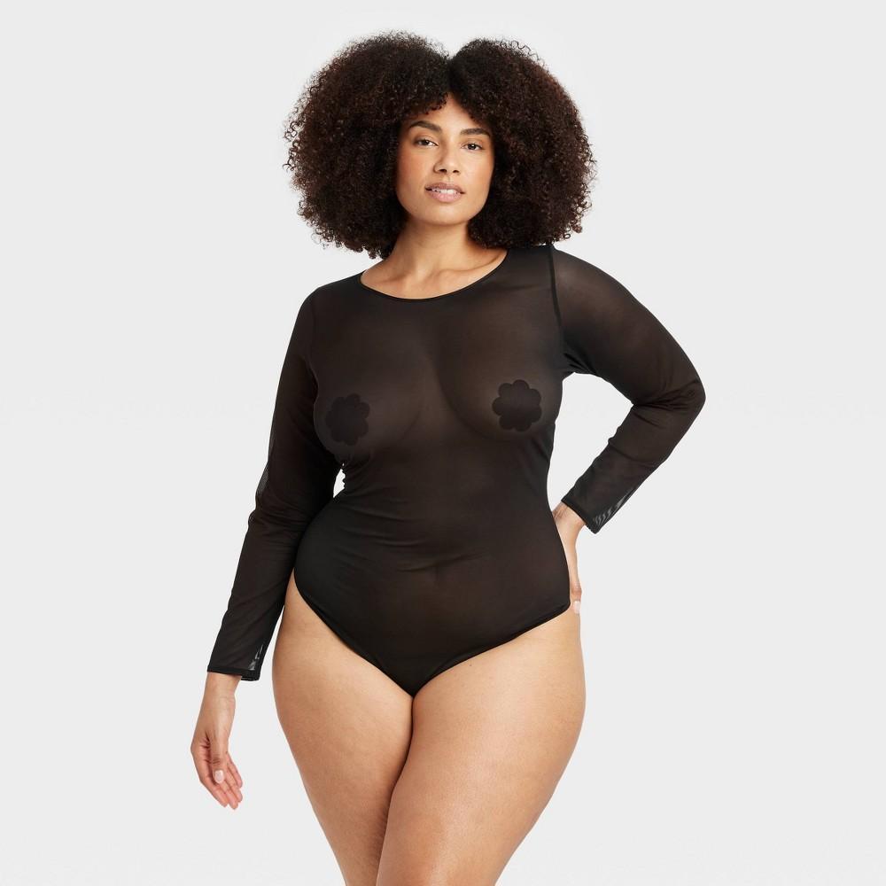 Womens Mesh Long Sleeve Bodysuit - Auden 1X: Plusheer Lingerie, Nylon Spandex Pullover with Snap Closure Product Image