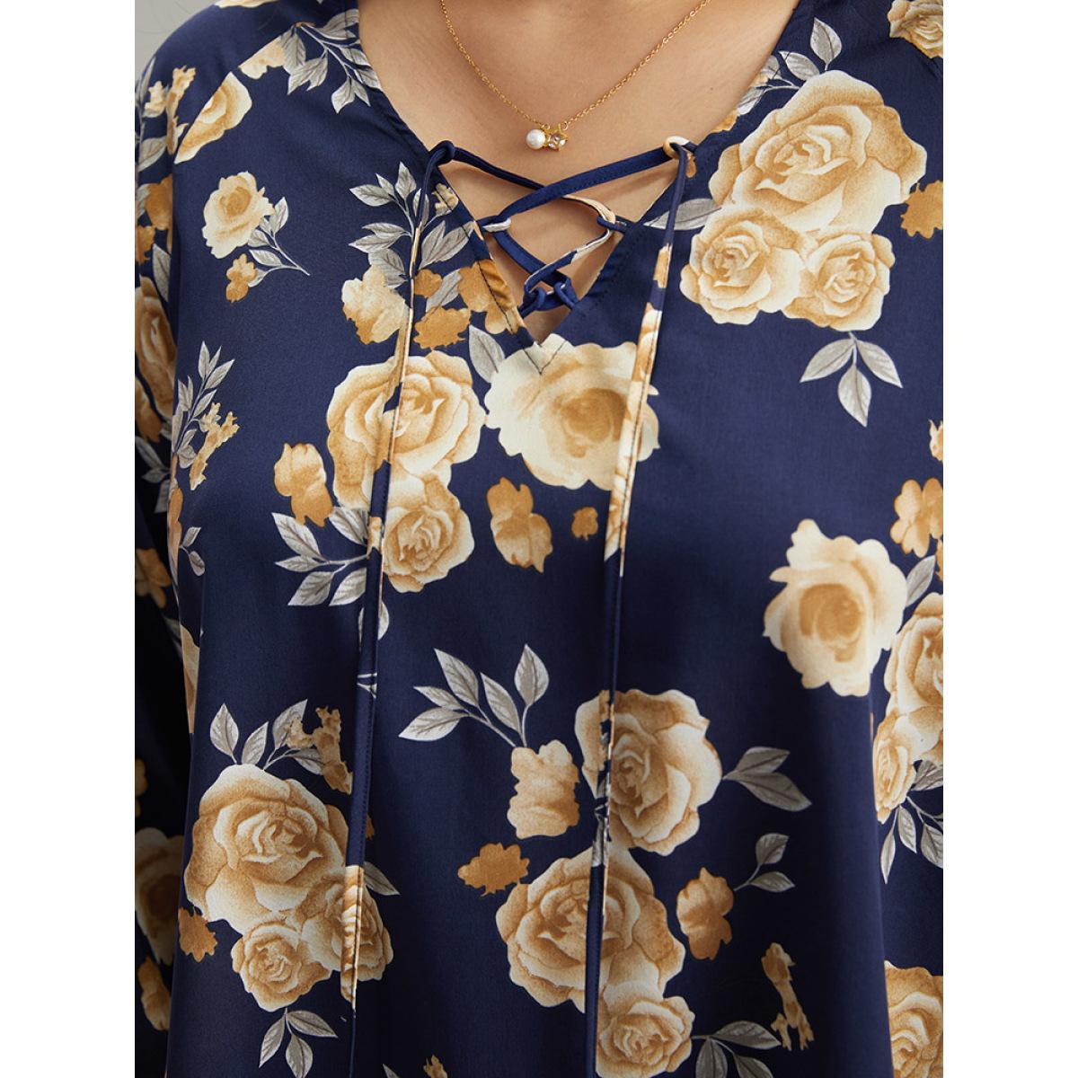 Plus Size Indigo Floral Print Lace Up Button Down Blouse Women Elegant Long Sleeve Tie Neck Dailywear Blouses BloomChic 26/4X Product Image