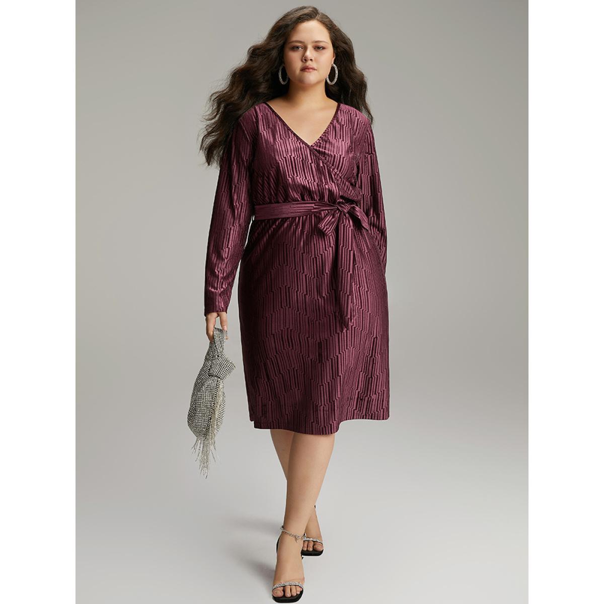 Plus Size Geometric Velvet Belted Split Hem Dress RedViolet Women Cocktail Wrap Overlap Collar Long Sleeve Curvy Knee Dress BloomChic 10/M Product Image