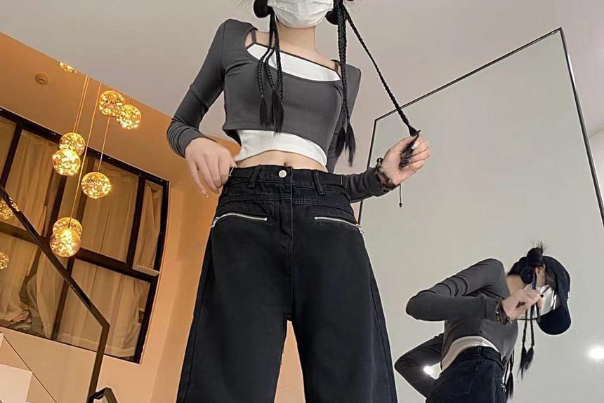 Mid Rise Plain Zip Detail Wide Leg Jeans Product Image