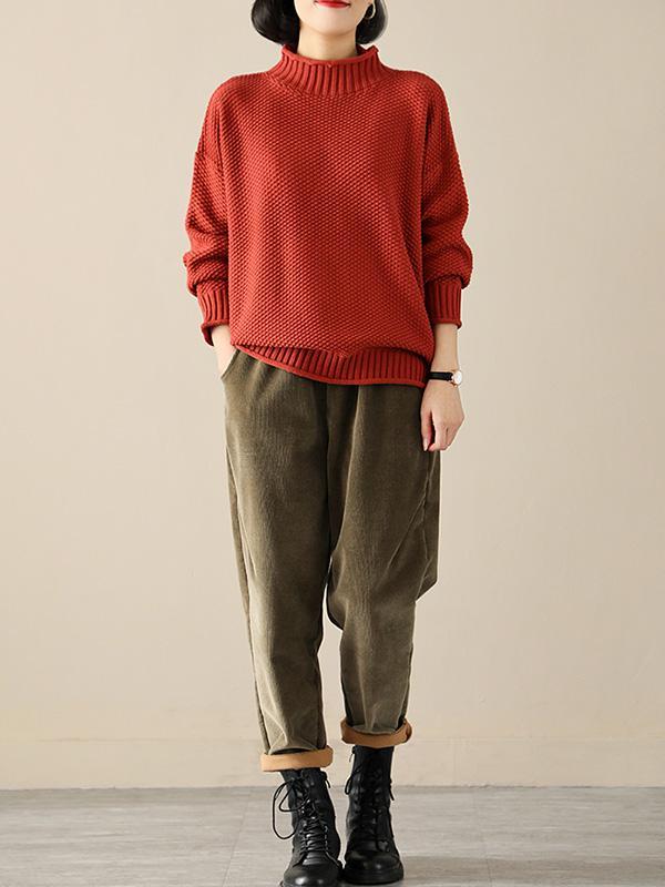 Casual Loose Long Sleeves Solid Color High-Neck Sweater Tops Product Image
