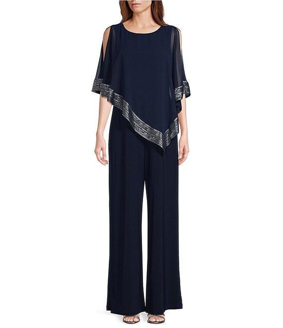 Ignite Evenings Foil Trim Boat Neck Asymmetric Cape Jumpsuit Product Image