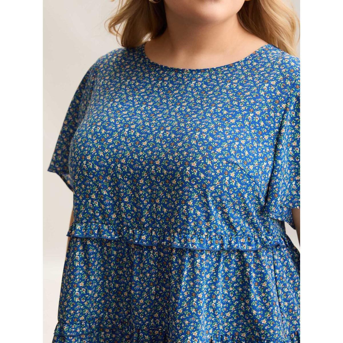 Plus Size Mediumblue Ditsy Floral Print Ruffled Tiered Blouse Women Elegant Short sleeve Round Neck Everyday Blouses BloomChic 22-24/3X Product Image