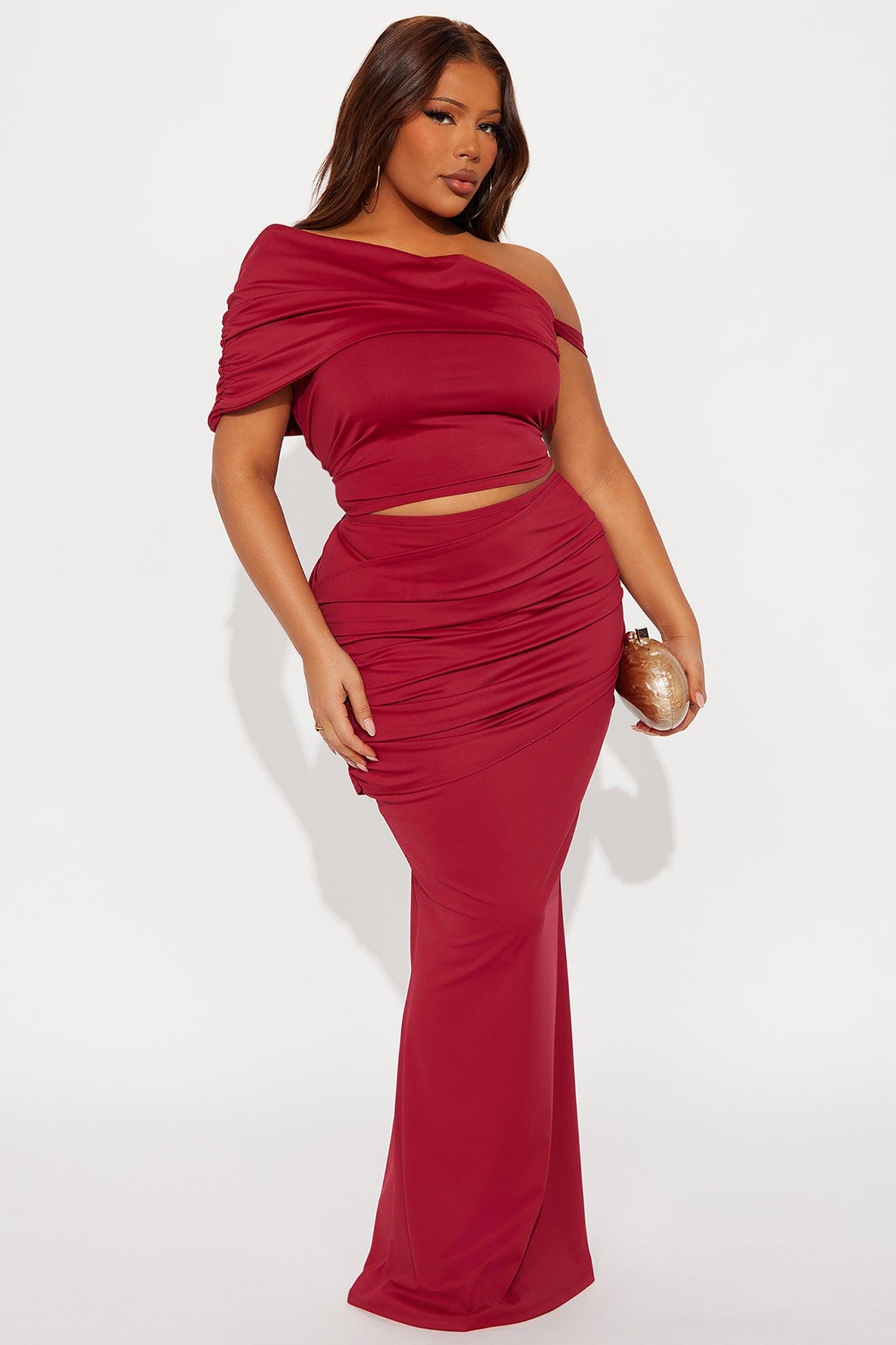 Pretty And Poised Off Shoulder Ruched Maxi Skirt Set - Wine Female Product Image