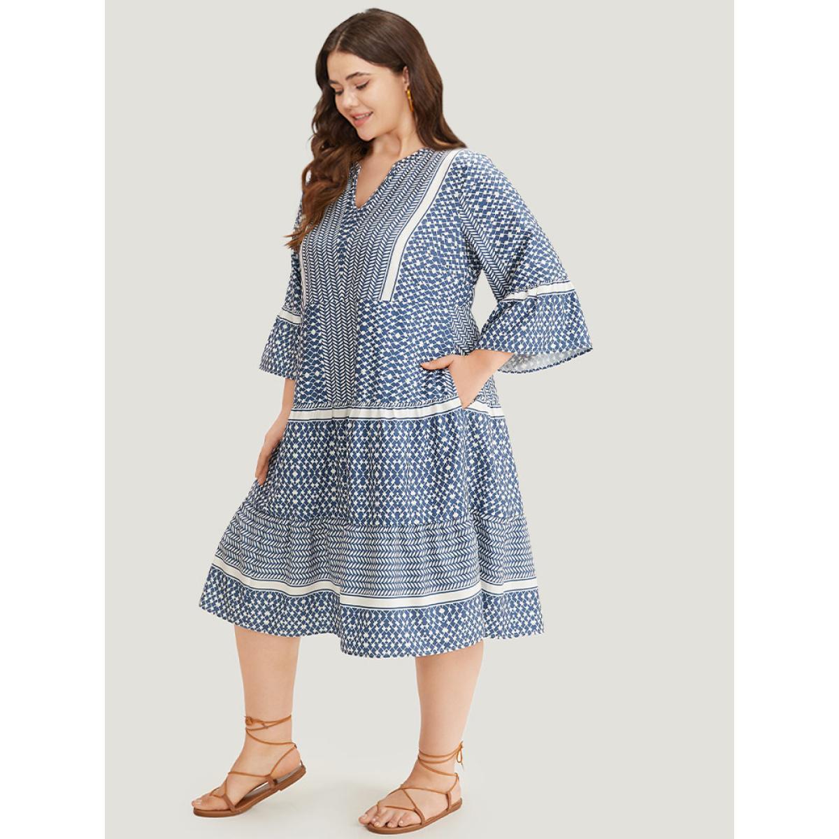 Plus Size Bandana Print Notched Pocket Patchwork Dress Stone Women Vacation Gathered Notched collar Elbow-length sleeve Curvy Midi Dress BloomChic 22-24/3X Product Image