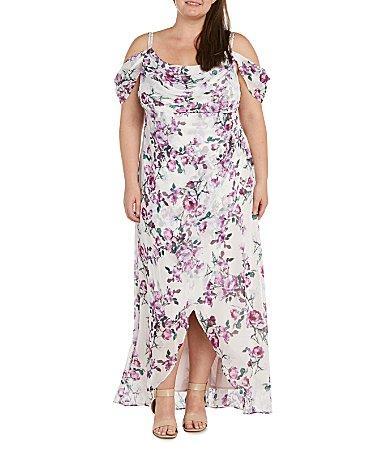 Plus Size R&M Richards Printed Hi-Lo Cowl Neck Chiffon Dress, Women's, Size: 20 W, Ivory Lilac Product Image