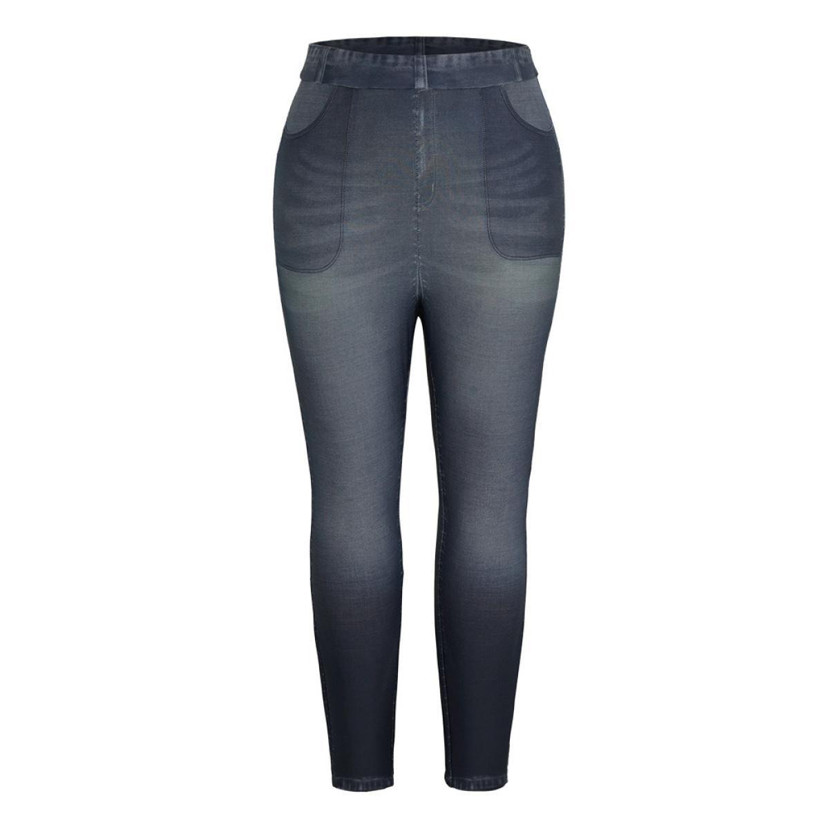 Plus Size Denim Effect Print Pocket High Rise Leggings Women Indigo Casual High stretch Skinny High Rise Dailywear Leggings BloomChic 10/M Product Image