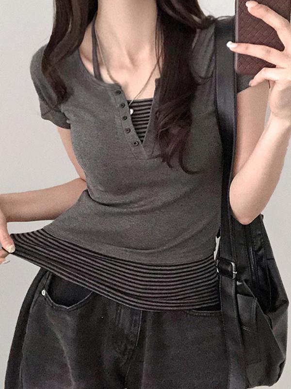 Striped Patchwork Two-Piece Short Sleeve Product Image