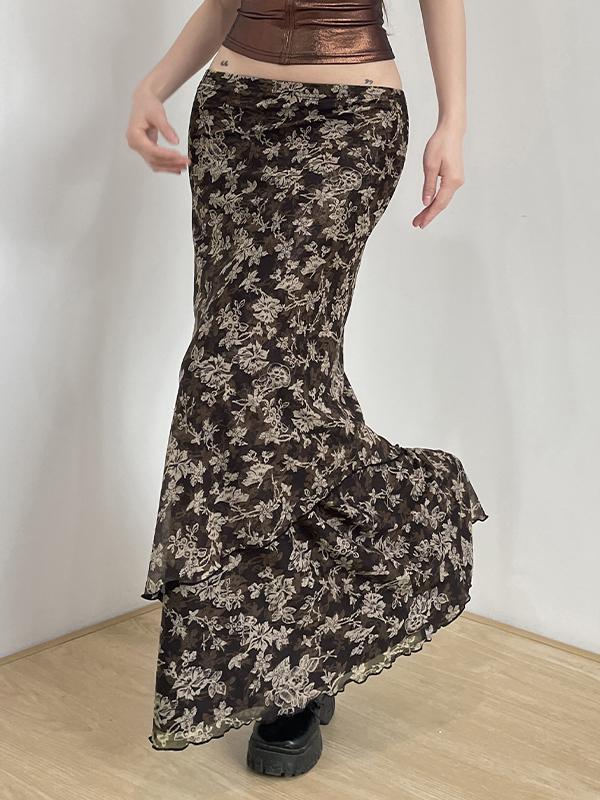 Vintage Style Netting Small Broken Flowers Maxi Skirt Product Image