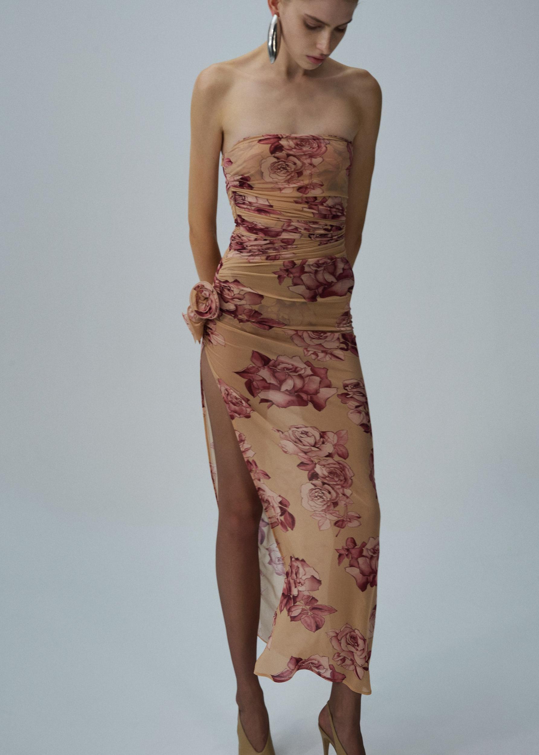 Strapless flower applique midi dress in beige print Product Image