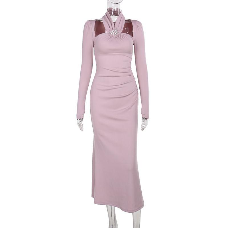 Long Sleeve Halter Plain Beaded Ruched Maxi Sheath Dress Product Image