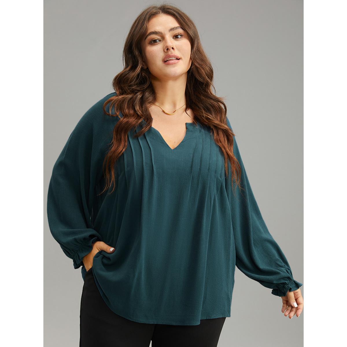 Plus Size Cyan Plain Raglan Sleeve Plicated Detail Blouse Women Office Long Sleeve V-neck Work Blouses BloomChic 28/5X Product Image