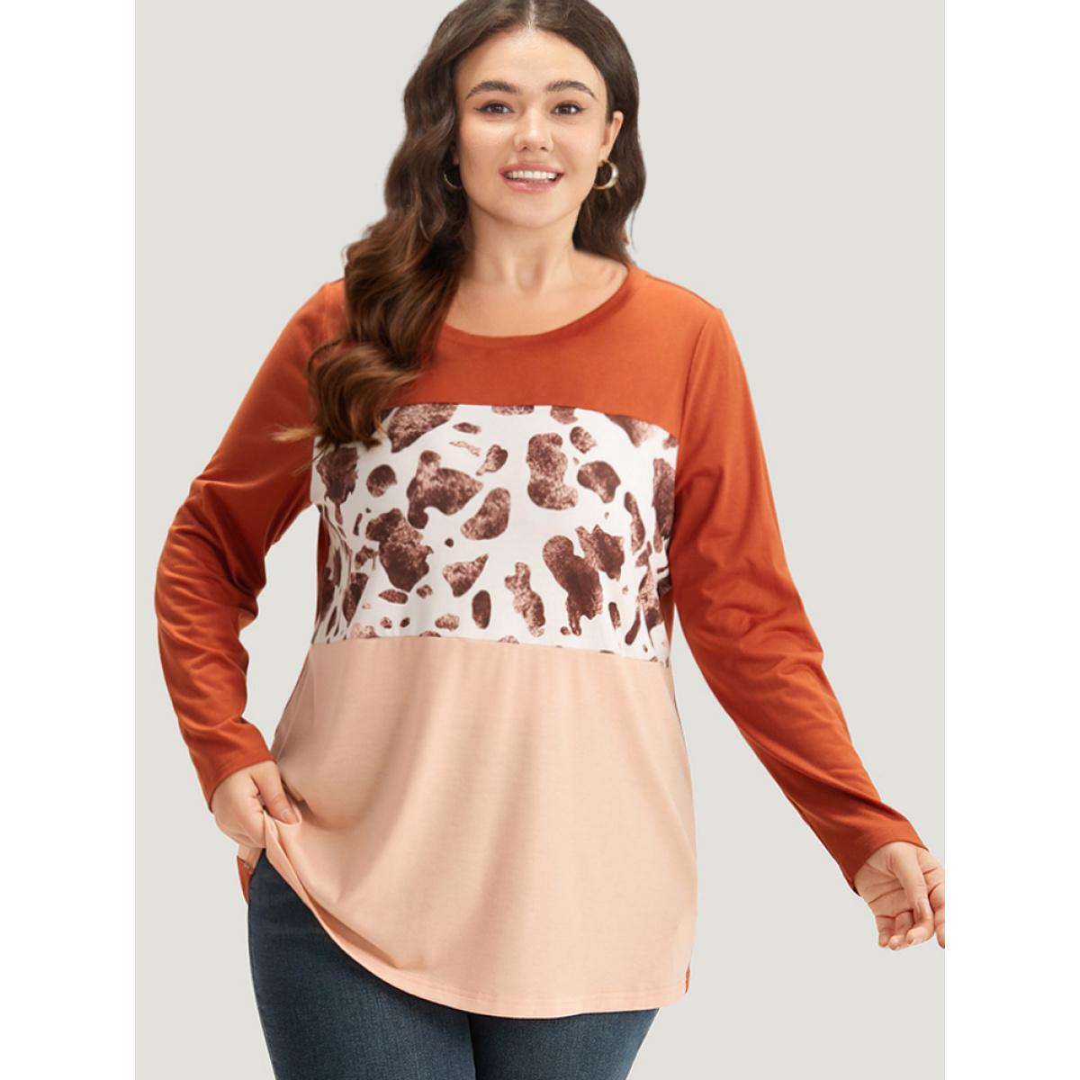 Plus Size Halloween Cow Pattern Contrast Patchwork T-shirt Chocolate Women Casual Patchwork Colorblock Round Neck Dailywear T-shirts BloomChic 26/4X Product Image