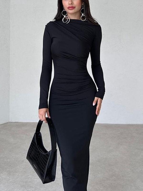 Solid Ruched Long Sleeve Maxi Dress Product Image