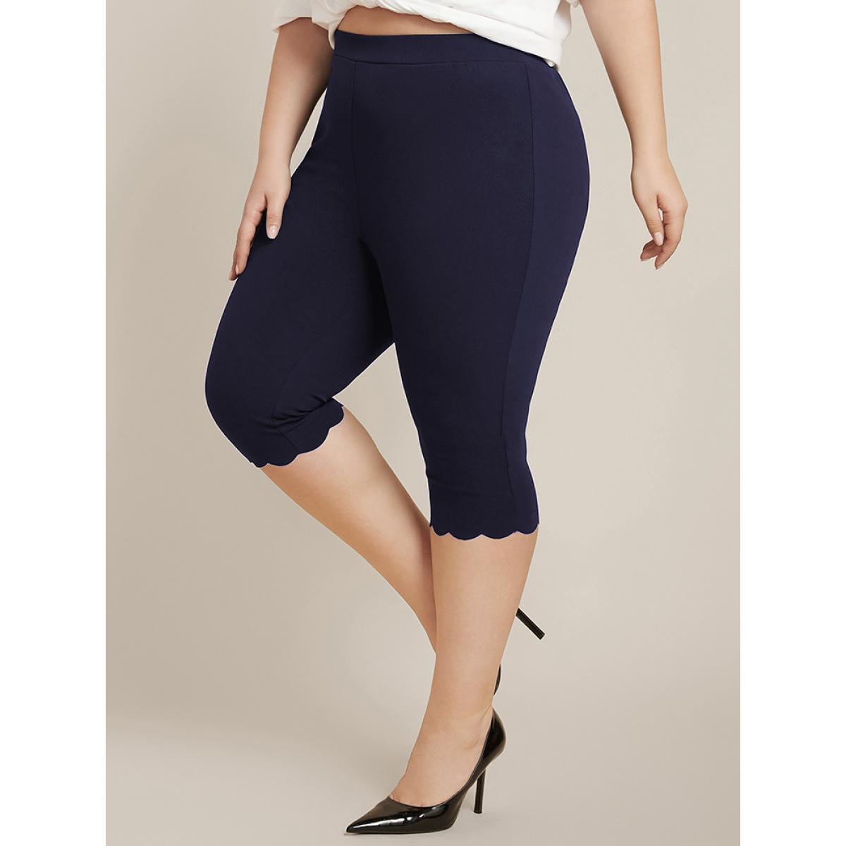 Plus Size Solid Scalloped Trim Elastic Waist Skinny Leggings Women Indigo Elegant Low stretch Skinny High Rise Everyday Leggings BloomChic 14-16/1X Product Image