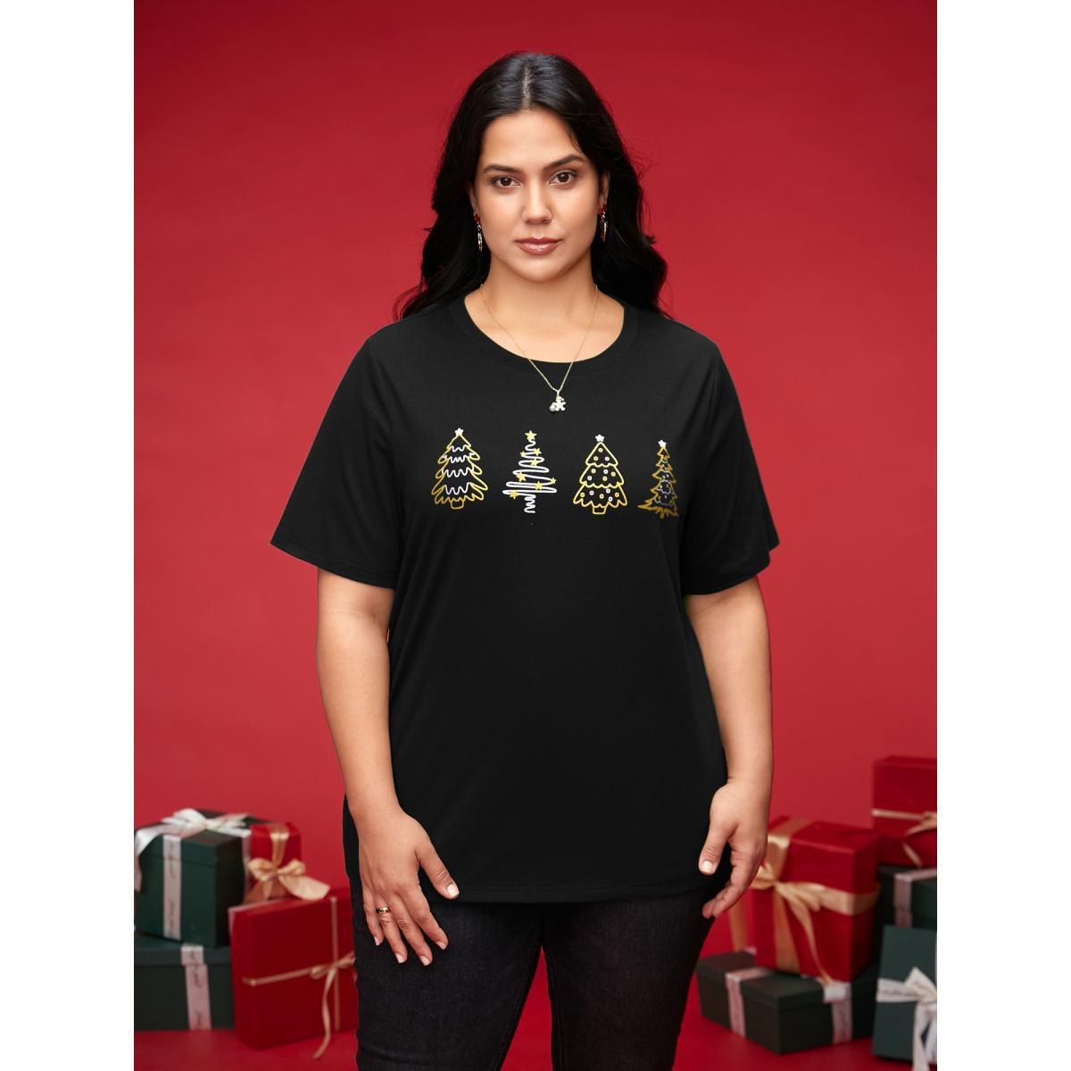 Plus Size Shimmering Trees Half Sleeves Slim-Fit Tee Black Women Casual Non Christmas Round Neck Everyday T-shirts BloomChic 10/M Product Image