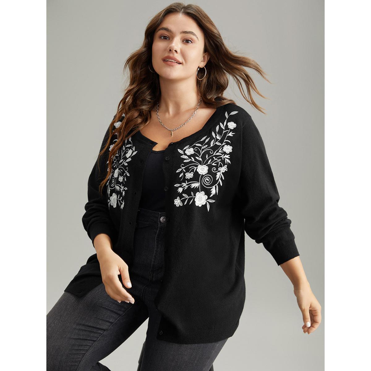 Plus Size Supersoft Essentials Anti-Pilling Silhouette Floral Print Cardigan Black Women Casual Loose Long Sleeve Dailywear Cardigans BloomChic 14-16/1X Product Image