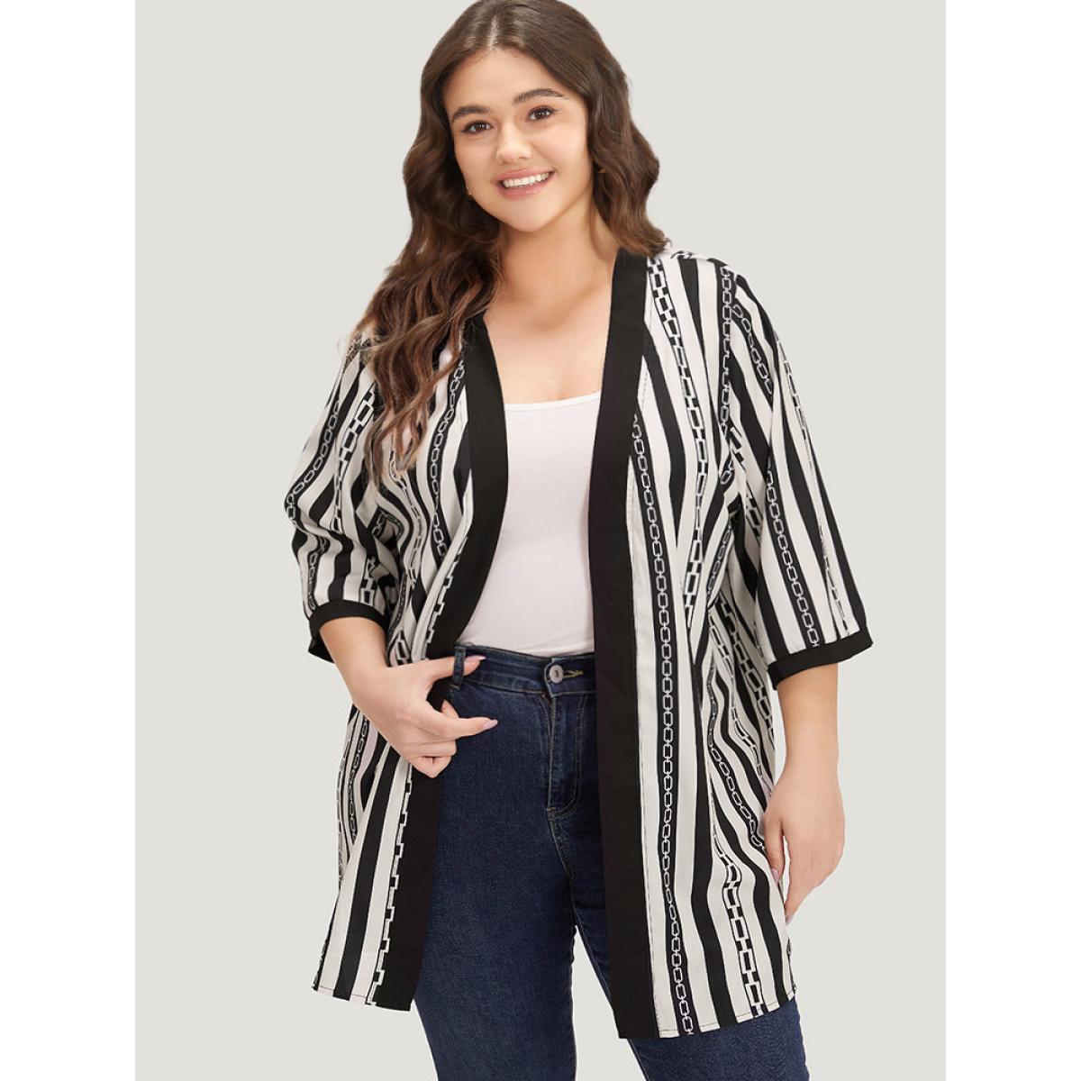 Plus Size Striped Patchwork Contrast Open Front Kimono Women Black Casual Contrast Loose Dailywear Kimonos BloomChic 30/6X Product Image
