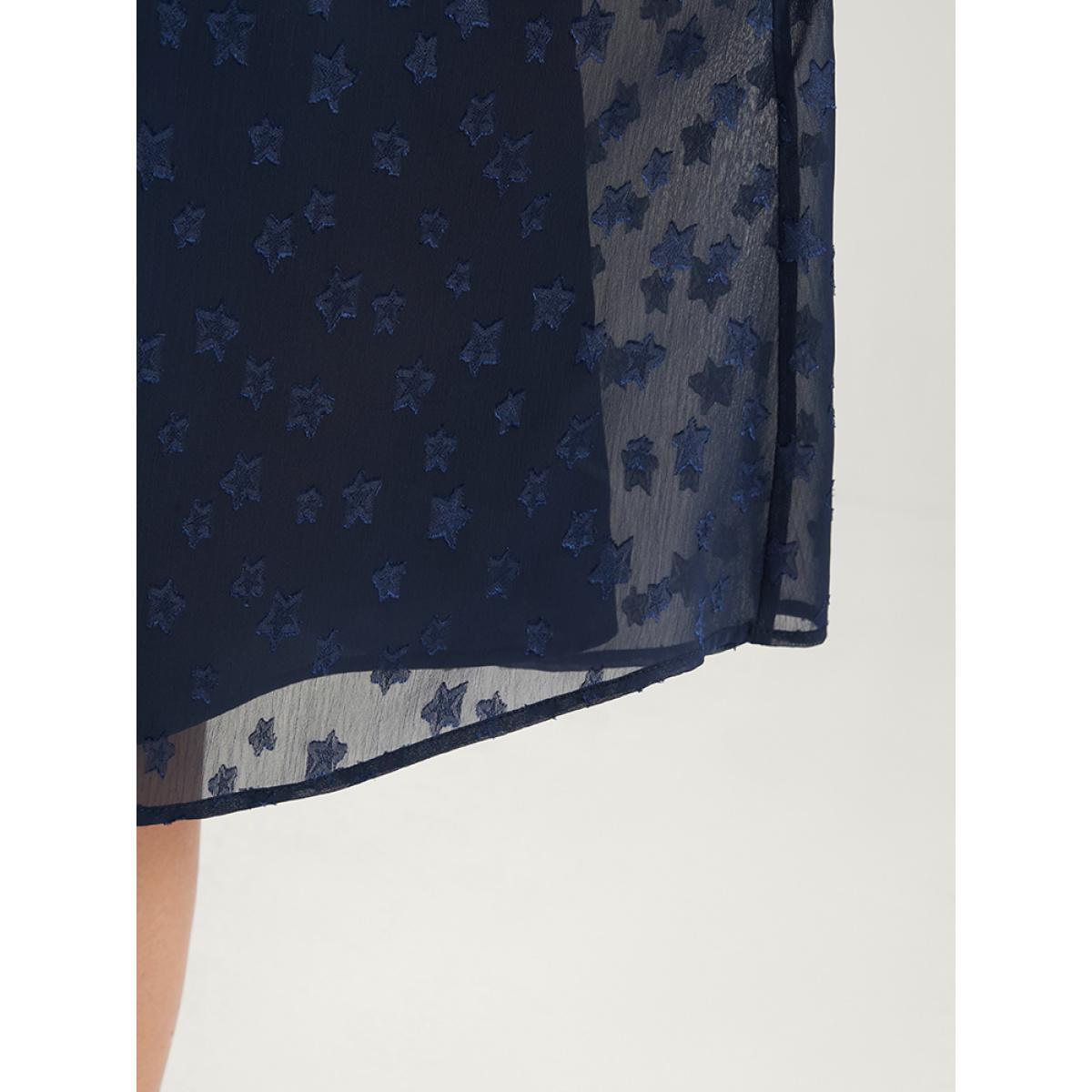 Plus Size Star Print Pocket Lantern Sleeve Shirred Chiffon Dress Navy Women Glamour Elastic Waist V-neck Long Sleeve Curvy Knee Dress BloomChic 12/L Product Image